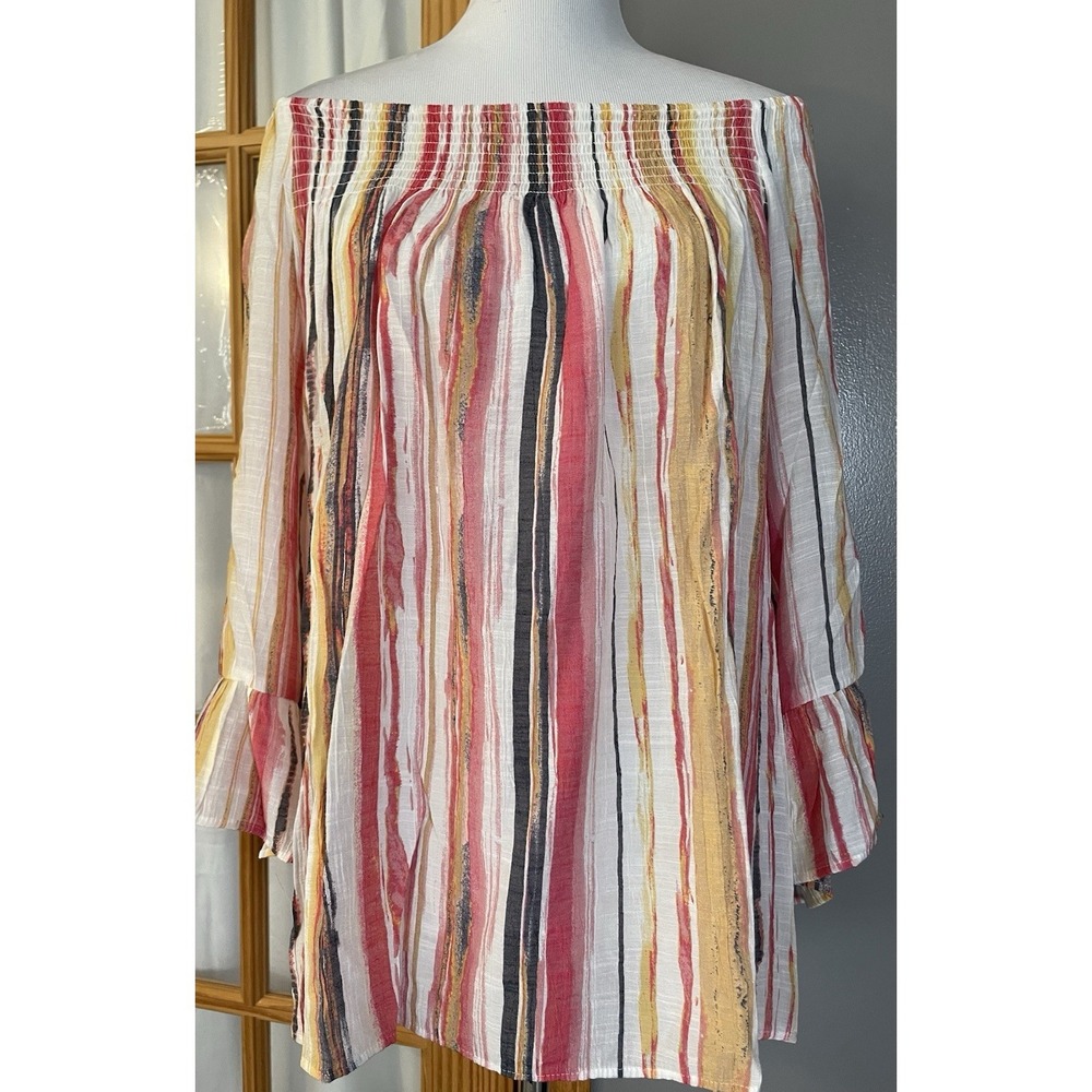 Zac & Rachel Off The Shoulder Blouse 1X Pink Gold Stripes Smocked Boho Beach